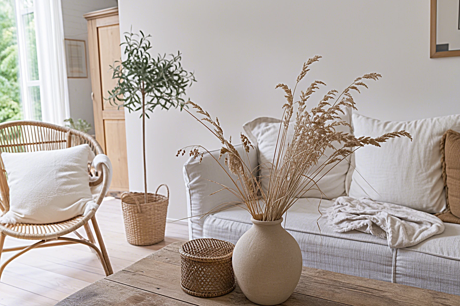 Hell eingerichtetes Wohnzimmer mit sommerlicher Deko aus Naturmaterialien, Leinen und Trockenblumen