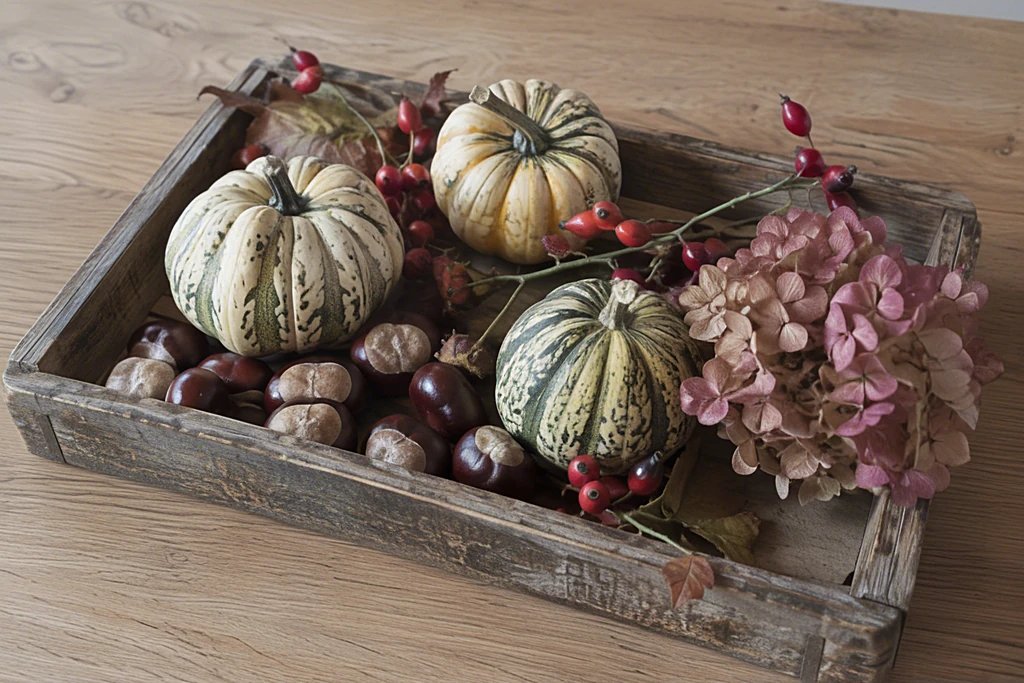 Holztablett mit Kastanien, Hagebuttenzweigen, Zierkürbissen und getrockneter Hortensie